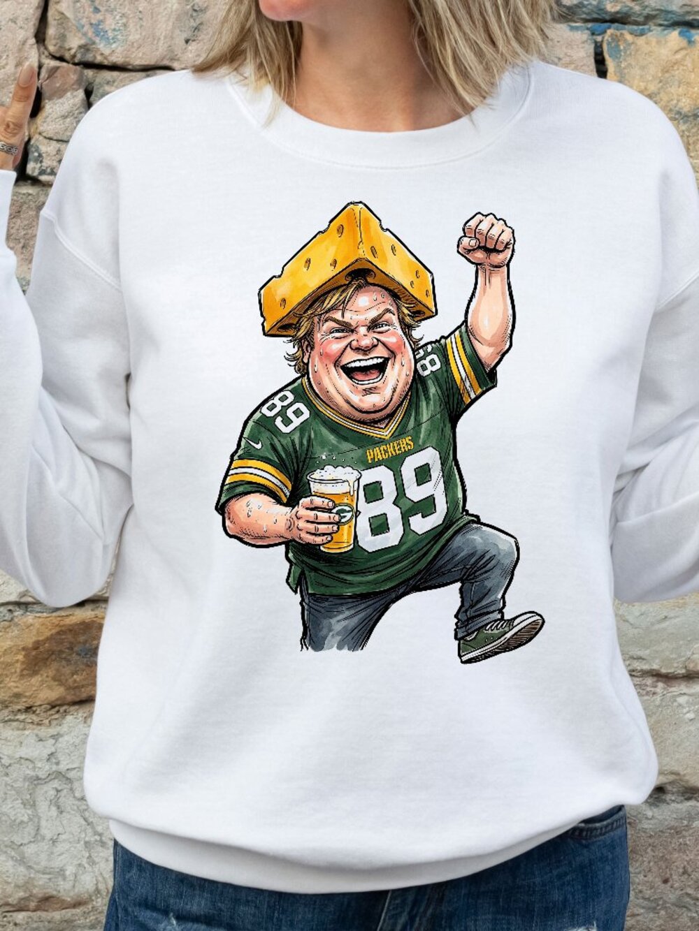 Chris Farley was a Green Bay packer Fan SNL crewneck sweatshirt WHITE